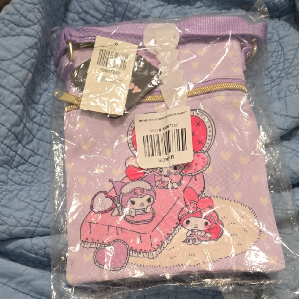 Cute Purple and Pink Character Pouch. Kuromi and My Melody Sleep Over Pssprt Bag